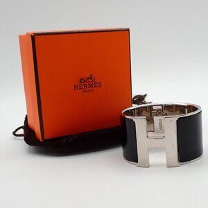 HERMES Logo Clic-Clac H XL Bracelet Black Silver 85RL215